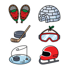 Winter Activity Clipart Set with Snow Sports, Igloo, and Ice Fishing Elements on White Background