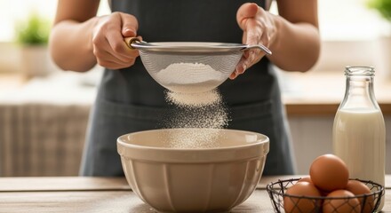 Baking essentials: whisking flour into bowl with milk and eggs for homemade cooking