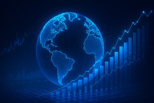 Glowing world globe with futuristic bar chart symbolizing international business global finance economy growth and success