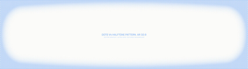 Classic halftone retro styled graphic pattern faded rounded frame ultra wide 32:9 aspect ratio white blue vector abstract background. Half tone dots panoramic ultrawide translucent design element