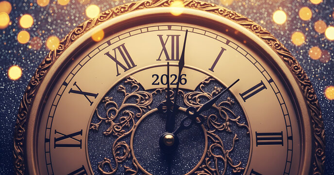 Elegant close up of antique clock striking midnight surrounded by festive golden lights to welcome New Year 2026