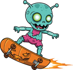 Cartoon alien riding flaming skateboard with jack-o'-lantern design in fun Halloween fantasy vector style