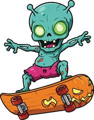 Cartoon alien riding Halloween-themed skateboard with glowing eyes and pumpkin design in spooky fantasy vector illustration style