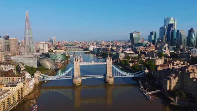London Cityscape Aerial Pullback Reveal Flythrough of Skyline and Tower Bridge