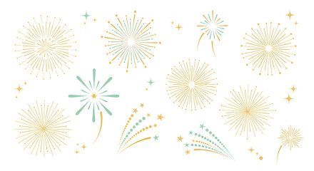 Beautiful hand drawn fireworks in gold and green perfect for New Year greeting cards invitations and celebration banners