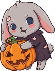 Cartoon bunny in tattered cloak hugging jack-o'-lantern with fangs and blush in Halloween spooky vector style
