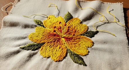 Detailed Yellow Floral Embroidery on Natural Fabric — Heritage Needlework Close-Up for Home Decor, DIY and Textile Crafts
