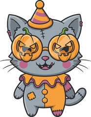 Cartoon Halloween cat wearing pumpkin glasses and clown costume with stitched fur and cheerful spooky expression