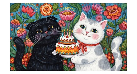 Whimsical Folk-Art Cats with Birthday Cake — Colorful Hand-Drawn Illustration for Cards, Kids' Products and Gifts
