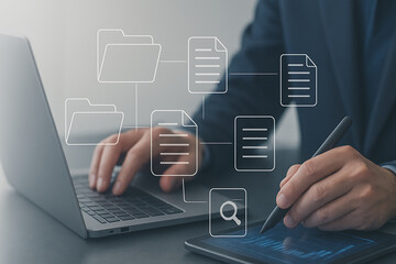 Modern technology concept of electronic file storage and cloud document management with futuristic digital interface
