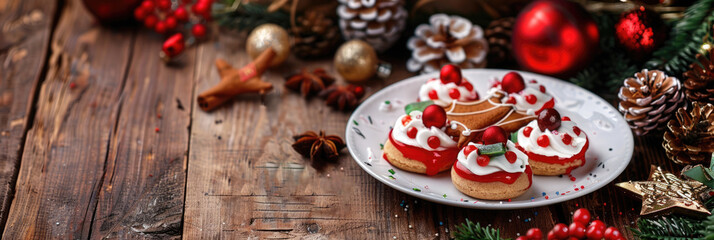 A festive plate of jelly-filled donuts topped with cream and cherries, holiday decorations like pine cones and ornaments, Hanukkah, horizontal banner, copy space, free space for text