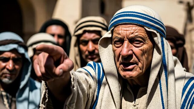 Elderly man in ancient biblical attire condemning with pointing finger, surrounded by religious men from the east, an ancient history footage