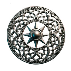 Pagan sun symbol with intricate metal design, isolated on transparent background