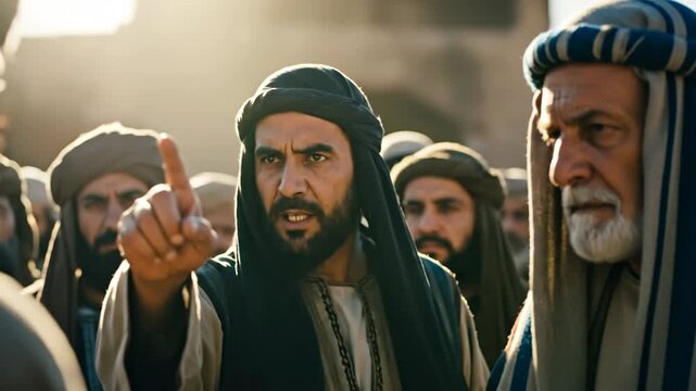 Middle estern man speaks while elder man watches, crowd in background for ancient biblical times footage.