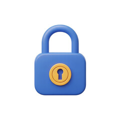 Secure lock 3d rendering of a blue padlock with a golden keyhole, isolated on transparent background, symbolizing safety