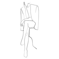Woman one line drawing on white isolated background. Abstract model wearing a jacket draped over her shoulders poses while sitting on a chair