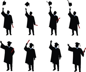 Graduation Silhouettes of Students Tossing Caps and Holding Diplomas in Vector Style Representing Academic Achievement, Celebration, and Educational Success for Design Use