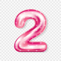 Editable 3D Pink Heart Balloon Number 2 Isolated on Transparent Background with Cute Design for Birthday or Party
