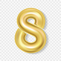 Editable realistic 3D illustration of gold balloon number 8. Gold balloon number 8 isolated. Vector Illustration of gold balloon number 8 on transparent background