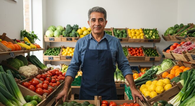 Fresh produce market scene with smiling grocer surrounded by colorful fruits and vegetables