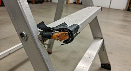 Close up of a metal ladder with broken parts and damage