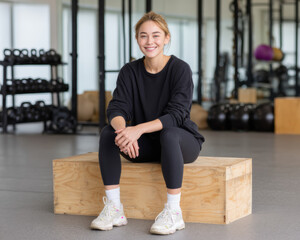 Young Athletic Woman With Blonde Hair Black Workout Outfit Sitting On Wooden Box In Gym