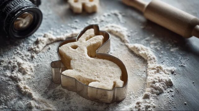 Bunny-shaped cookie cutter surrounded by flour and baking tools  