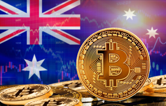 Investors in cryptocurrency and Blockchain Technology in Australia, Concept. Bitcoin with Australia flag in the background