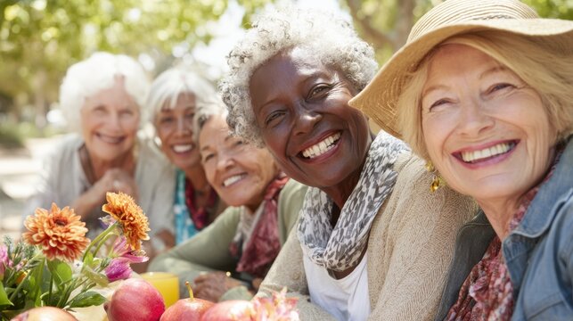 A cheerful group of senior women smiles as they gather in a sunny outdoor setting. Colorful flowers and fresh fruits decorate their table creating a warm and inviting atmosphere.