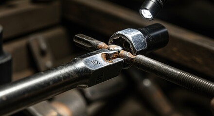 Close up of a metal socket wrench and bolt being worked on
