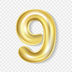 Editable realistic 3D illustration of gold balloon number 9. Gold balloon number 9 isolated. Vector Illustration of gold balloon number 9 on transparent background
