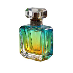 Elegant perfume bottle with a gradient of green and yellow isolated on transparent background