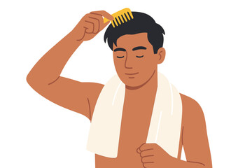 Man grooming hair with comb and towel: daily routine in simple style