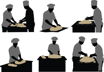 Silhouettes of Chefs Kneading Dough in Culinary Vector Style Depicting Baking Techniques, Kitchen Preparation, and Professional Cooking for Food Education and Design Use