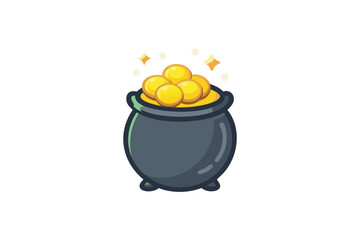 A charming illustration of a dark pot brimming with golden coins