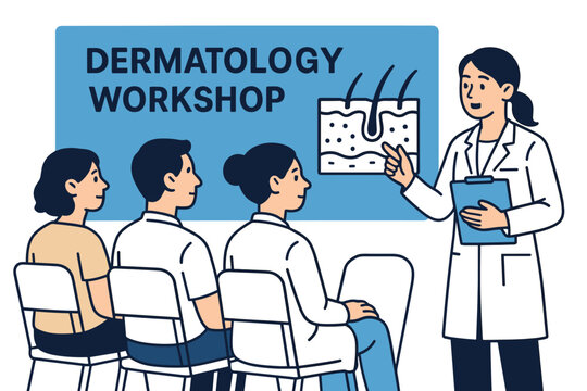 Dermatology workshop presentation with medical expert and engaged audience in learning environment