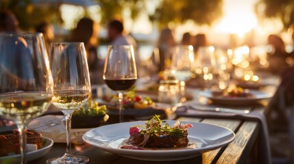 Fototapeta premium Guests enjoy a beautiful evening meal along the waterfront as the sun sets creating a warm atmosphere. Glasses of wine and plates of food adorn the tables enhancing the experience.