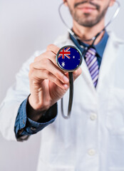 Australia health and medical insurance concept. Australia healthcare system, doctor holding stethoscope
