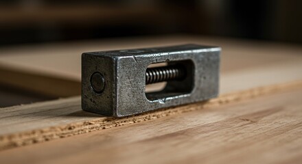 Close up of a metallic bolt on a wooden surface with blurred background