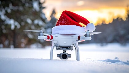 A snowy landscape frames a drone adorned with a festive Santa hat, capturing a unique Christmas holiday vibe