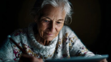 Elderly woman learning to use a tablet for painting with soft digital light and a tone of curiosity