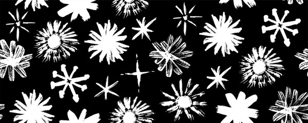 Cute seamless vector pattern featuring handdrawn flowers, graffiti asterisks, and Xmas crystal vibes. Crayon, wax, chalk, and charcoal squiggles form a stylish grunge template for music or art.