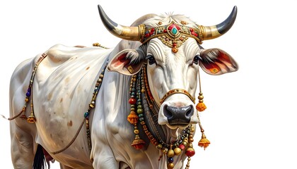 A regal cow adorned with elaborate jewels and a headdress stands isolated against a pure white backdrop, exuding serenity