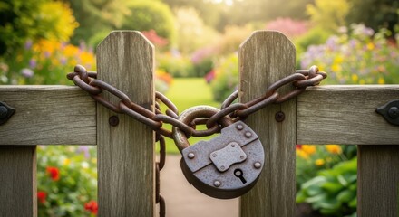 Old rusty padlock and chain securing a wooden garden gate in a beautiful blooming park on a sunny day