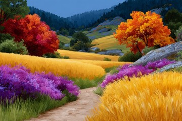 A dirt road winding through the autumn landscape. Generative AI