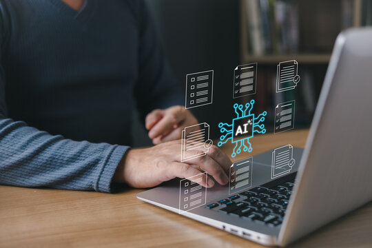 A person works on a laptop with glowing AI document management icons, symbolizing artificial intelligence automation, digital file organization,and smart data processing for efficient productivity.