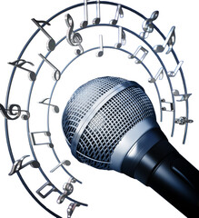 Musical notes and symbols around the microphone on transparent background. 3D illustration