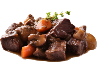 Bowl of boeuf bourguignon isolated on transparent background, perfect for culinary and restaurant design projects.