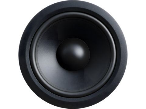 Black round speaker cone isolated on transparent background, perfect for music, audio, and sound system designs.