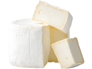 Wheel of brie cheese with slices isolated on transparent background, perfect for gourmet food, menu, and product branding.